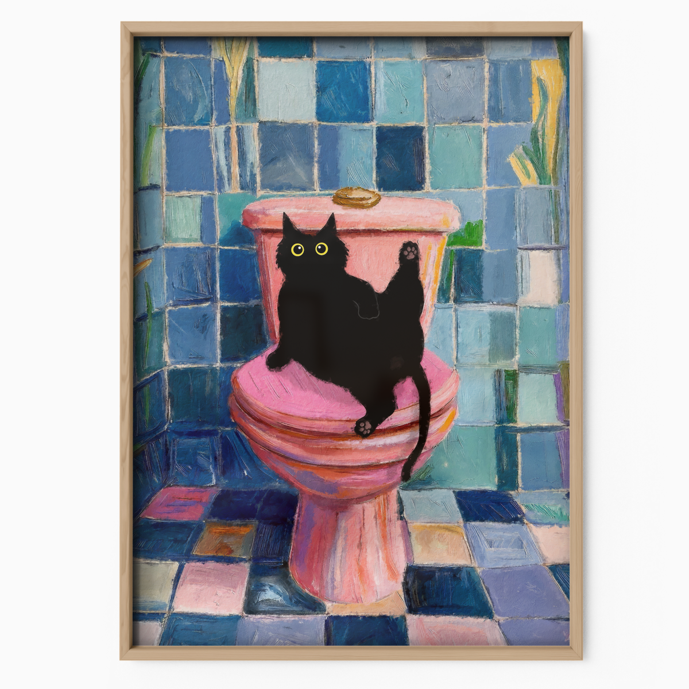 Cat On Toilet Blue Tile