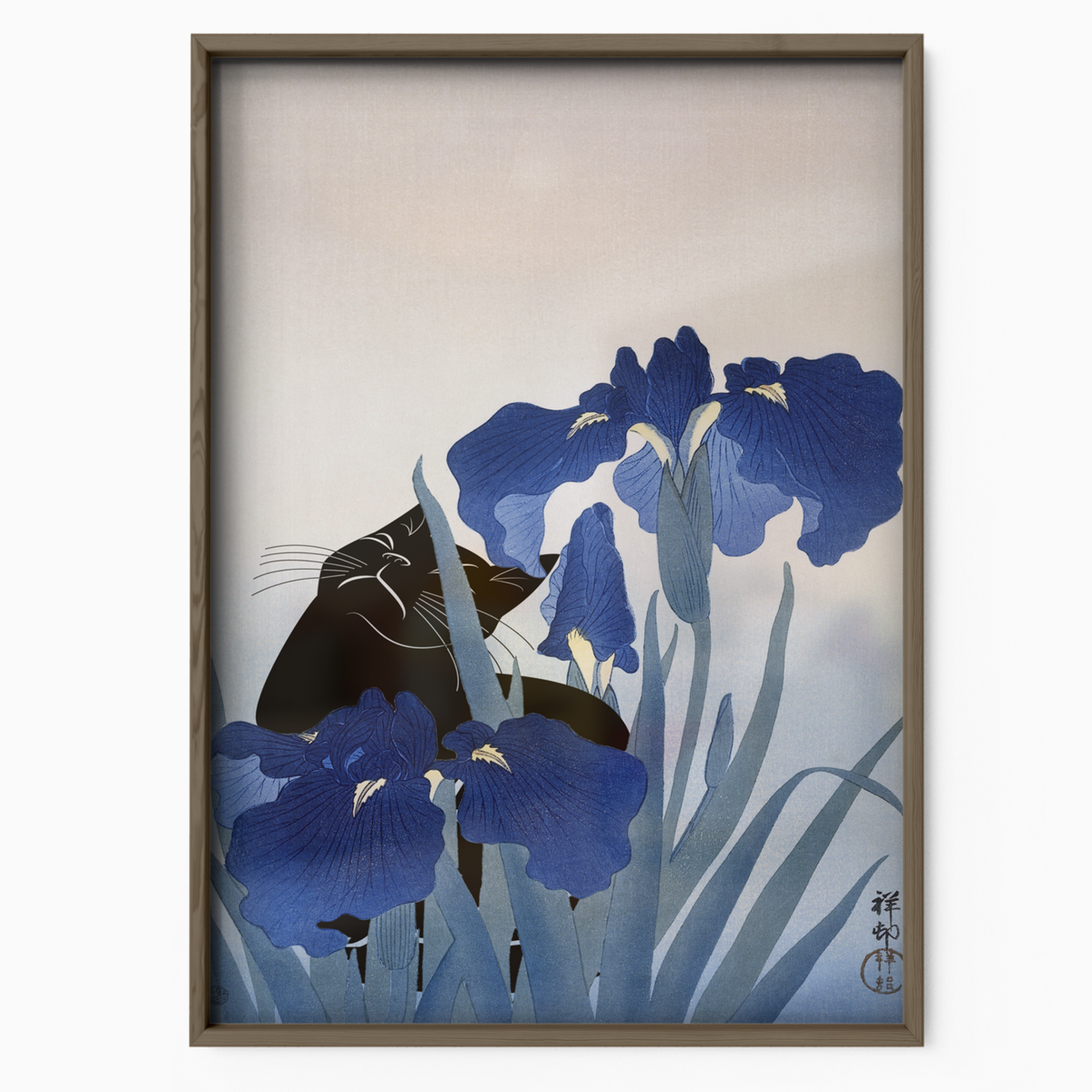 Cat And Irises Japenese Art