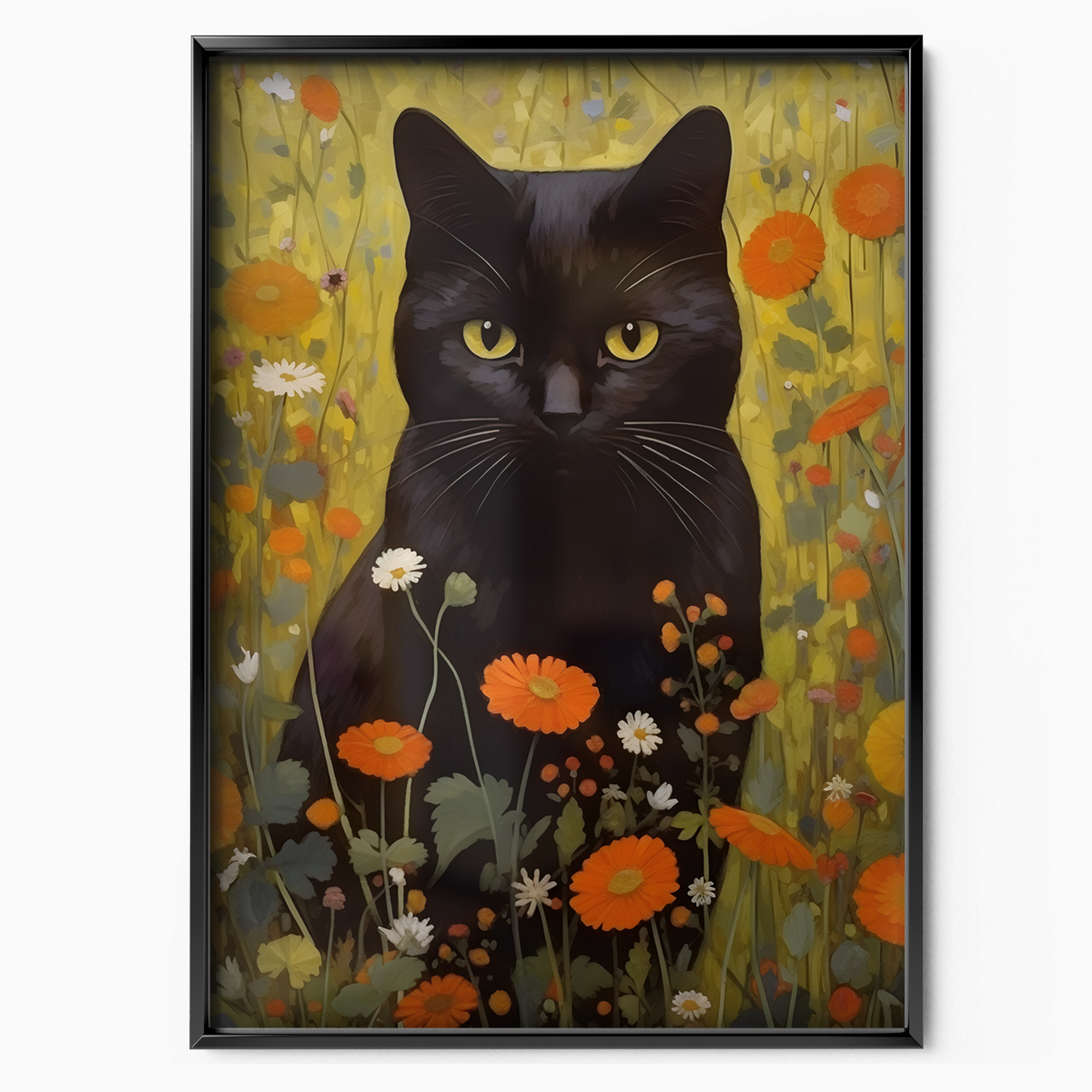 Black Cat In Blooming Field