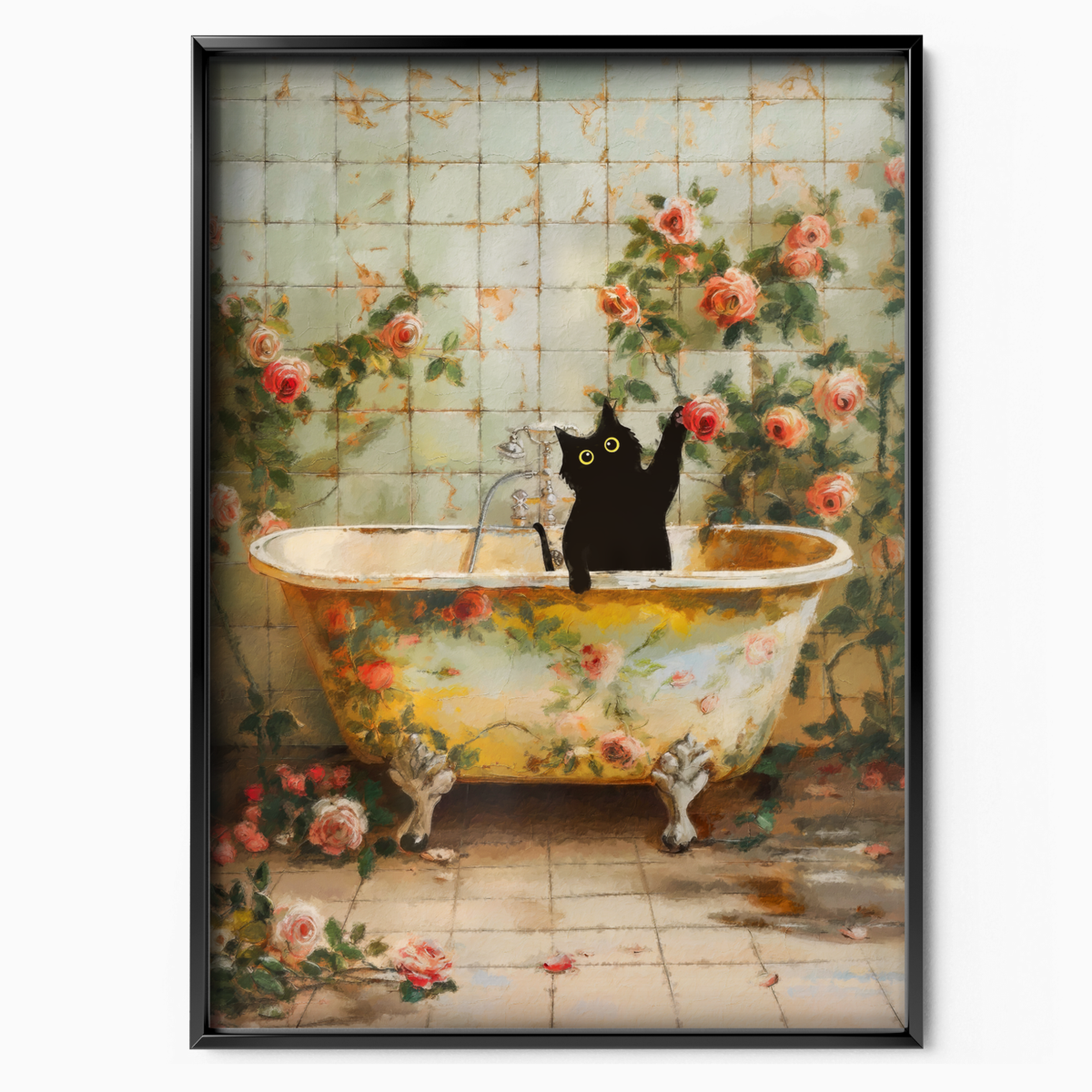 Cat In Vintage Floral Bathtub
