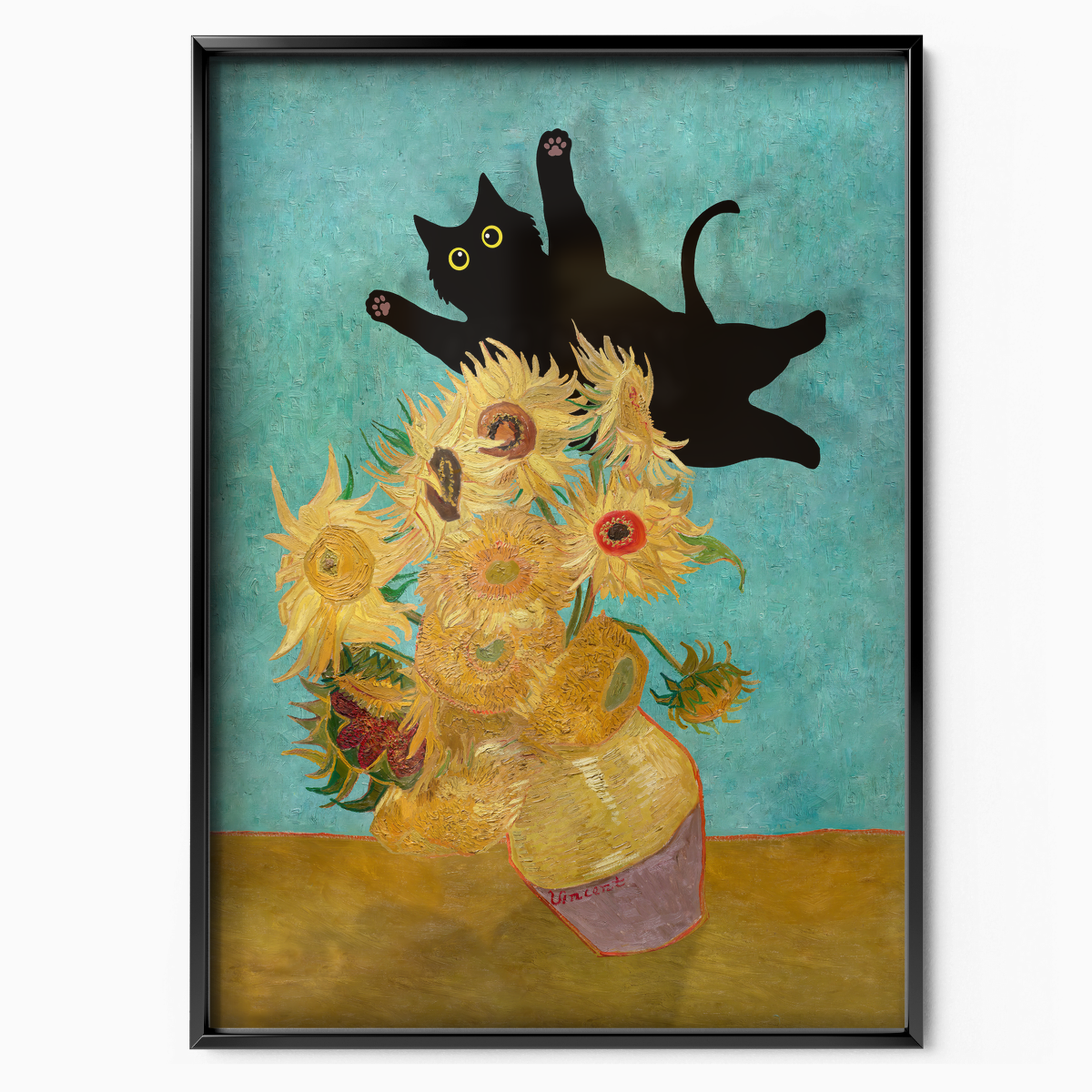 Cat Jump Van Gogh Sunflowers