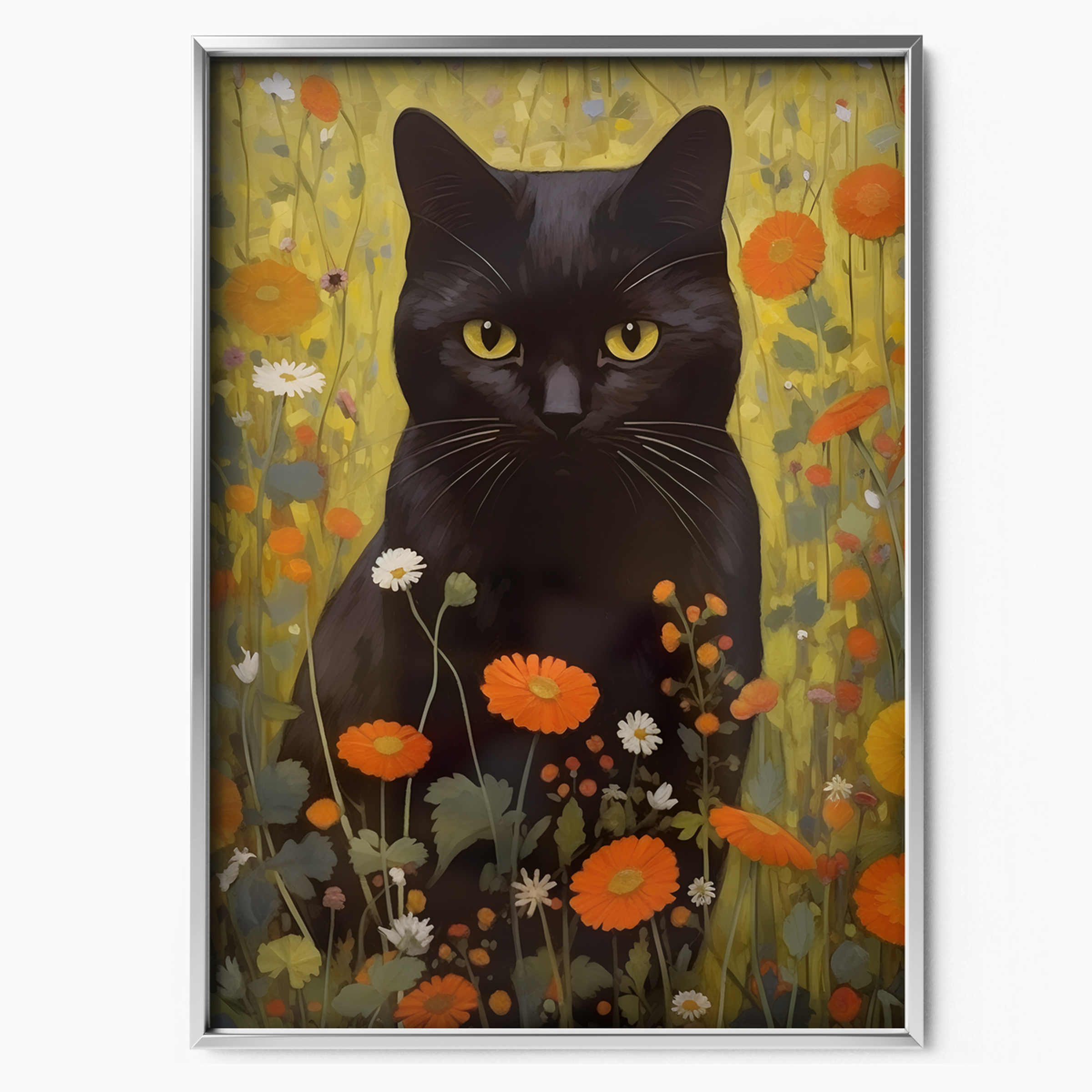 Black Cat In Blooming Field