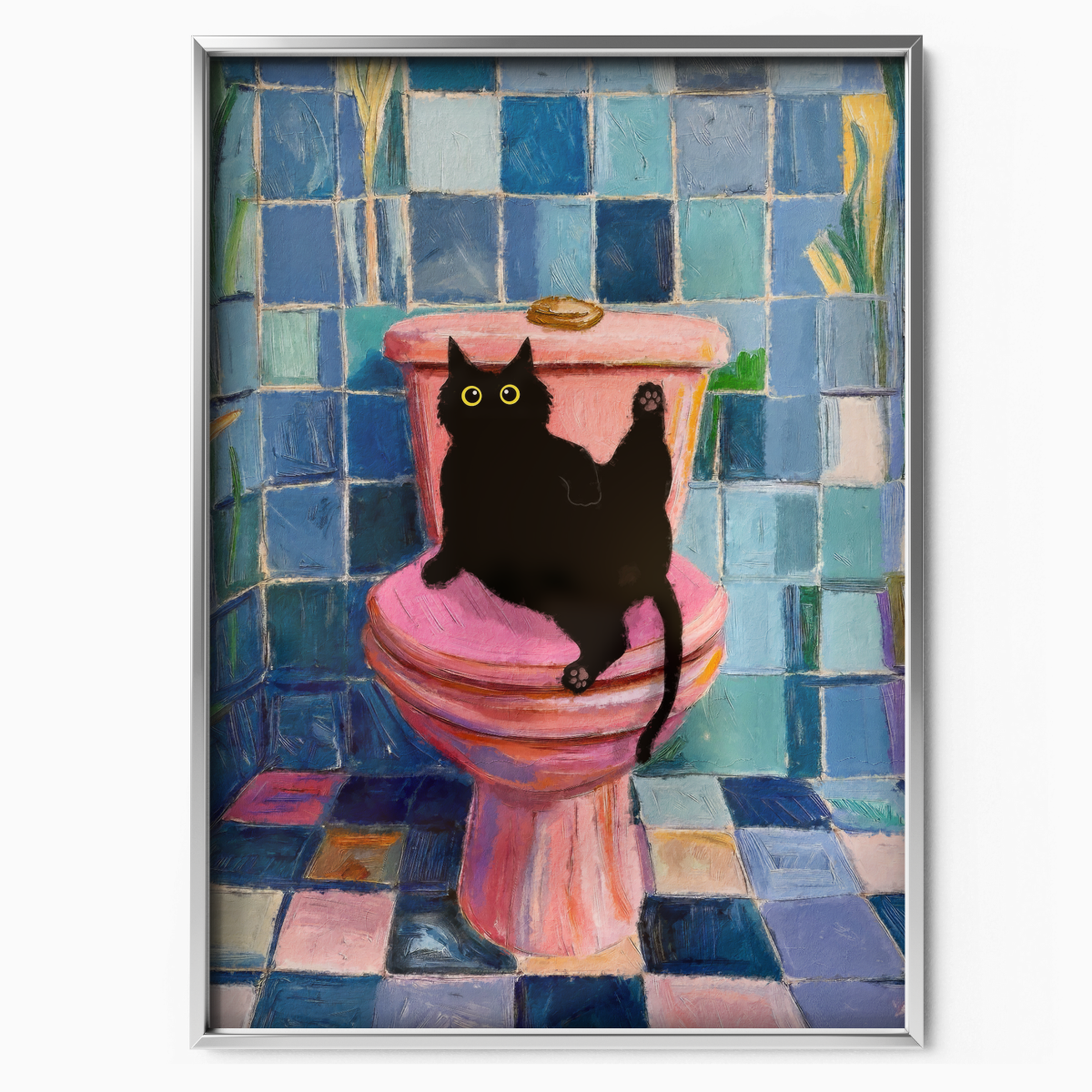 Cat On Toilet Blue Tile