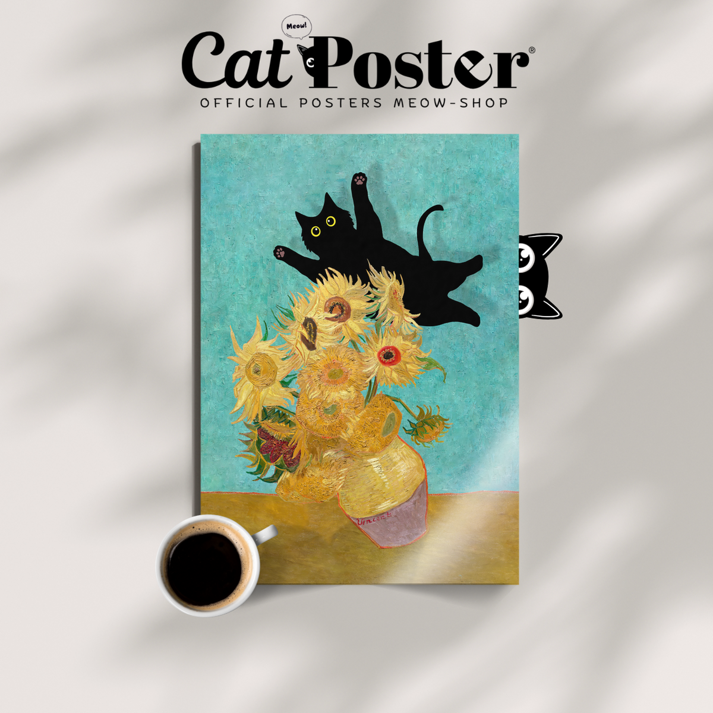 Cat Jump Van Gogh Sunflowers