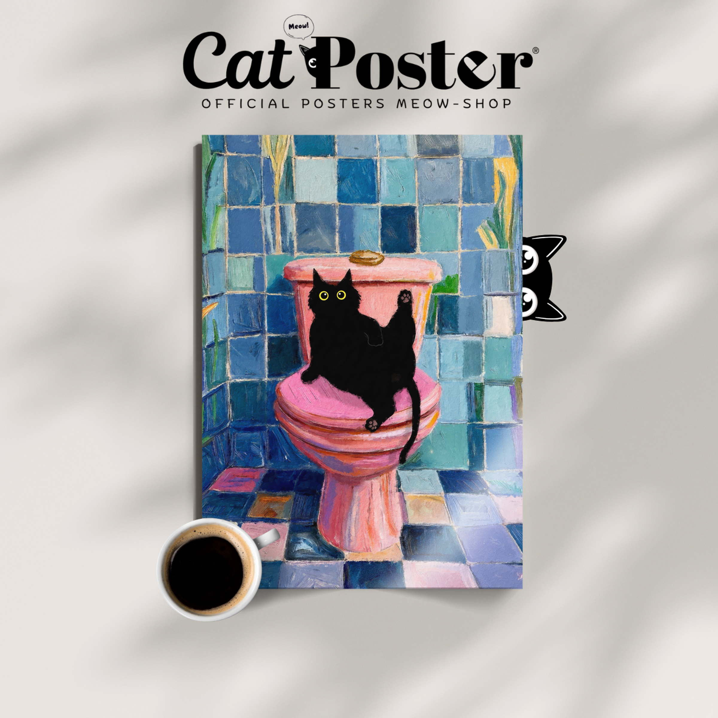 Cat On Toilet Blue Tile