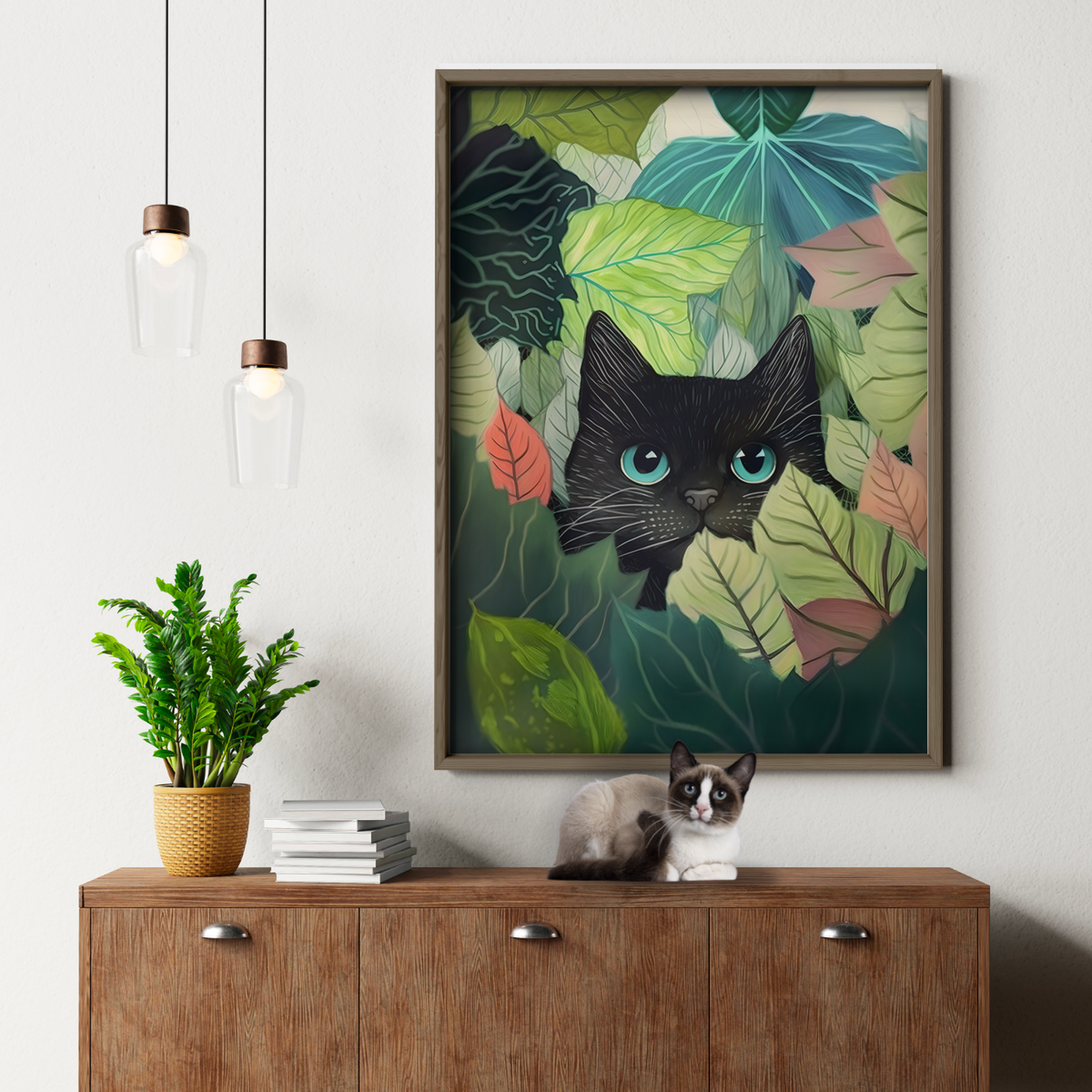 Black Cat In Green Foliage