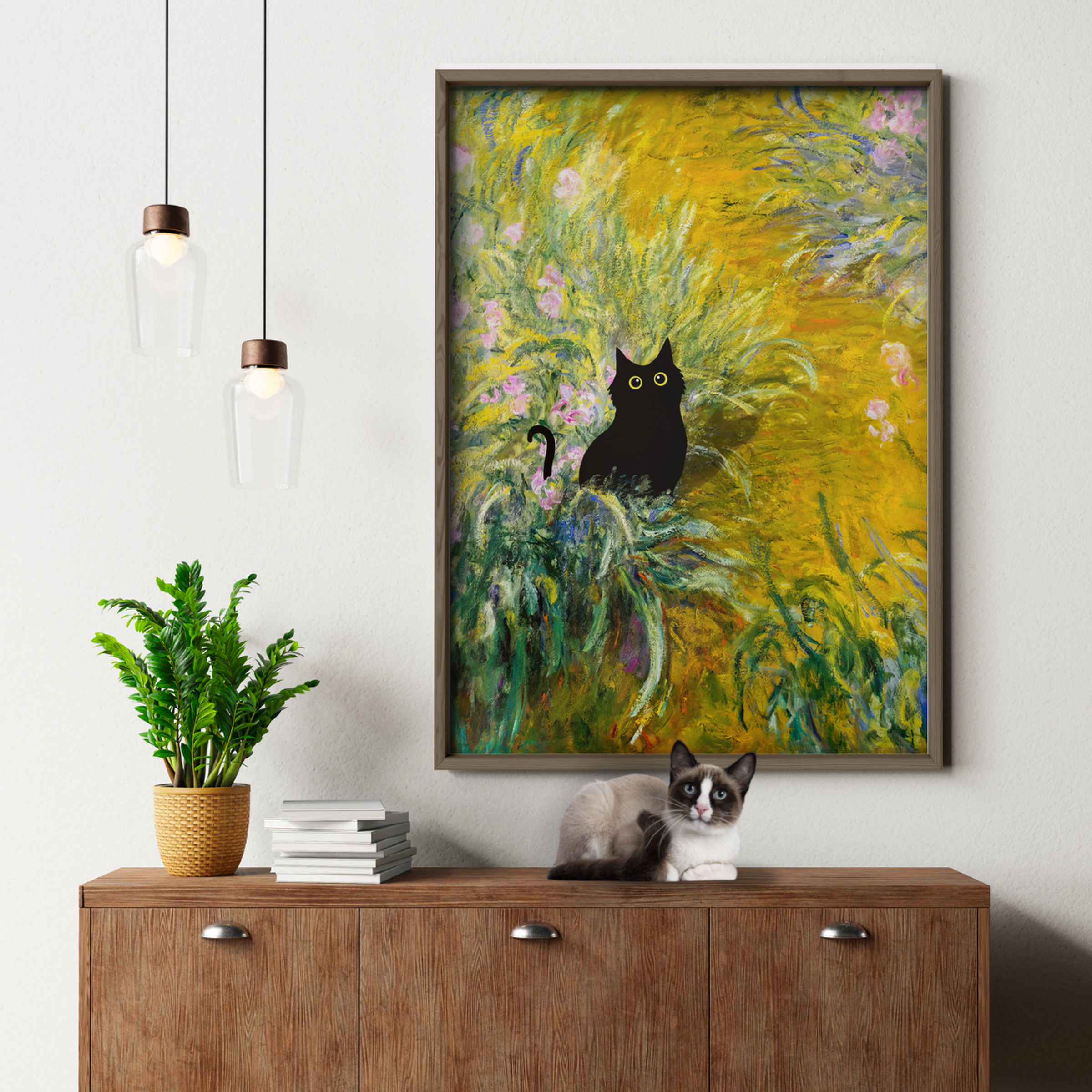 Black Cat In Monet Yellow Garden