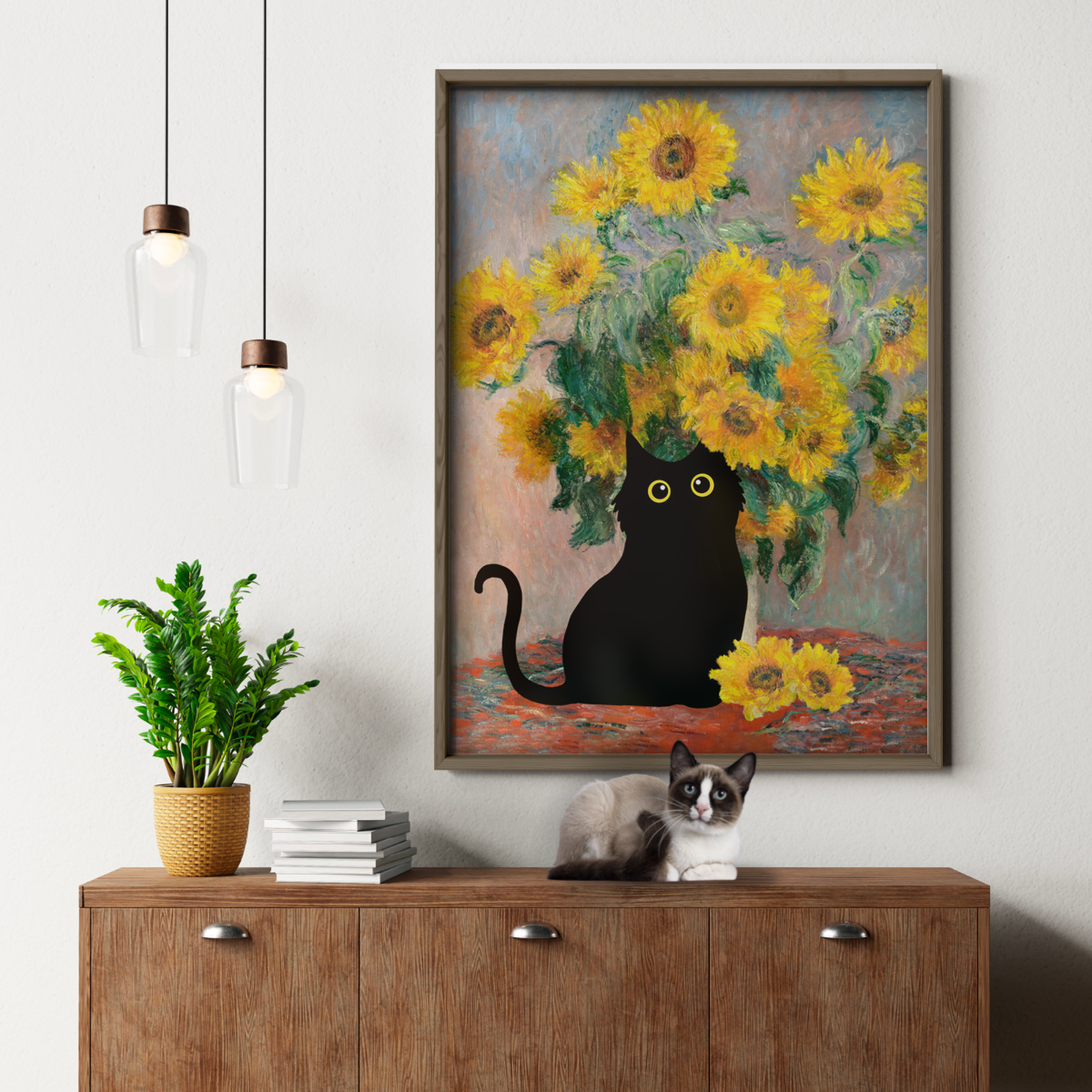 Black Cat With Van Gogh Sunflowers