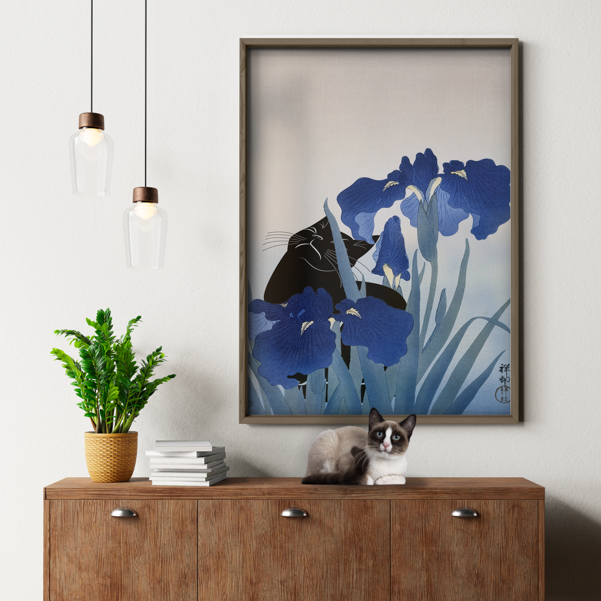 Cat And Irises Japenese Art