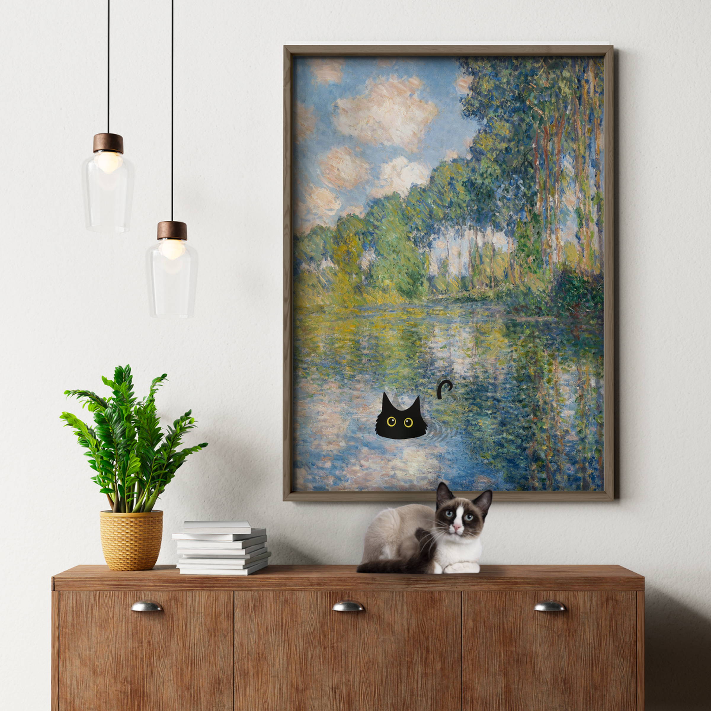 Cat By Monet River Landscapeat