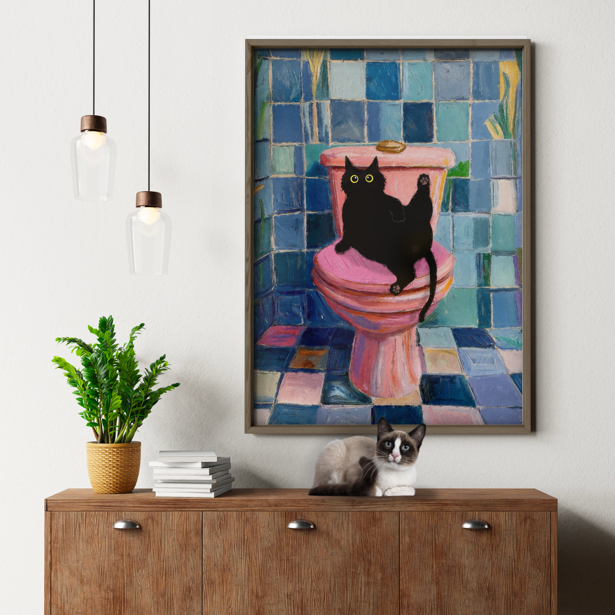 Cat On Toilet Blue Tile