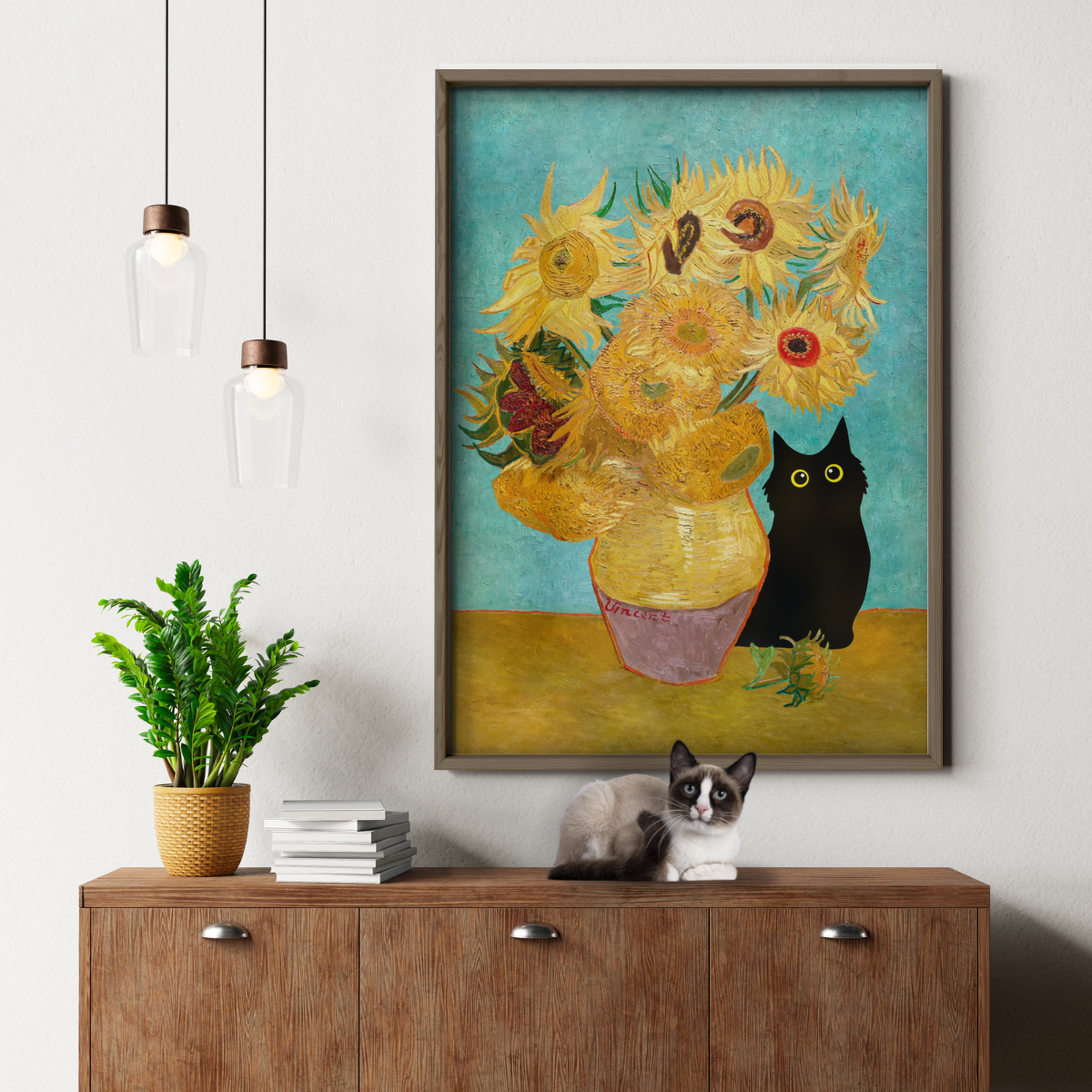 Curious Cat Van Gogh Sunflowers