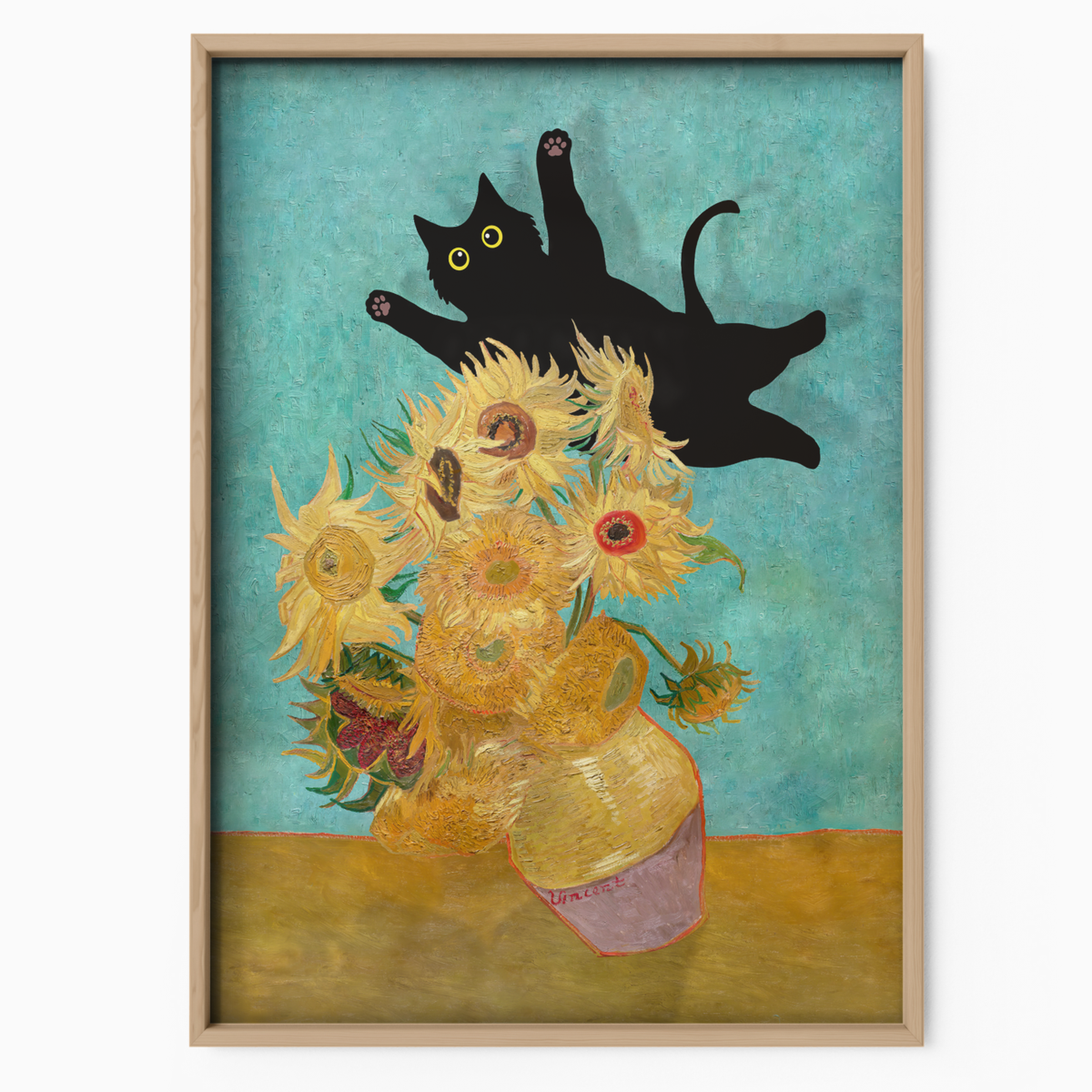 Cat Jump Van Gogh Sunflowers