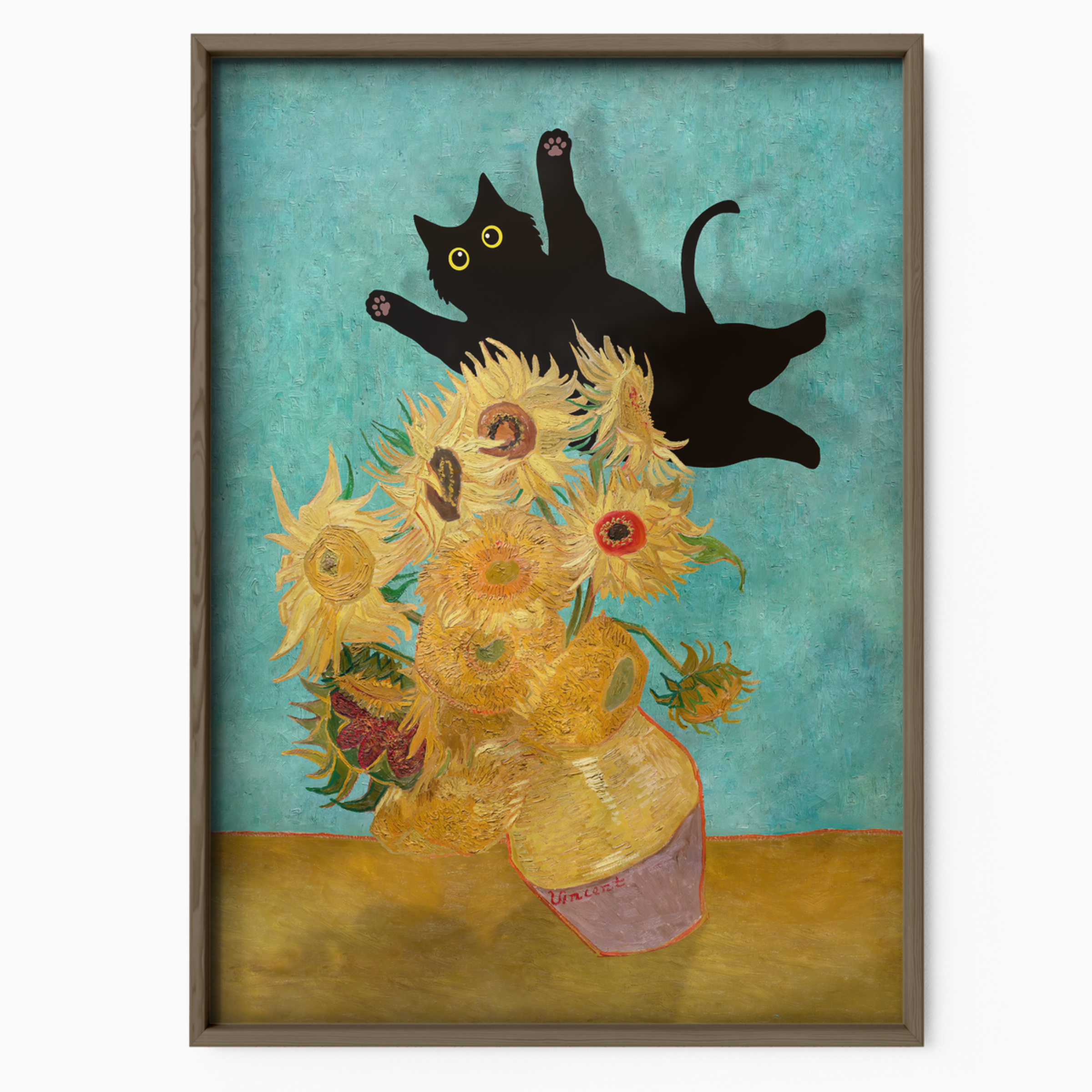 Cat Jump Van Gogh Sunflowers