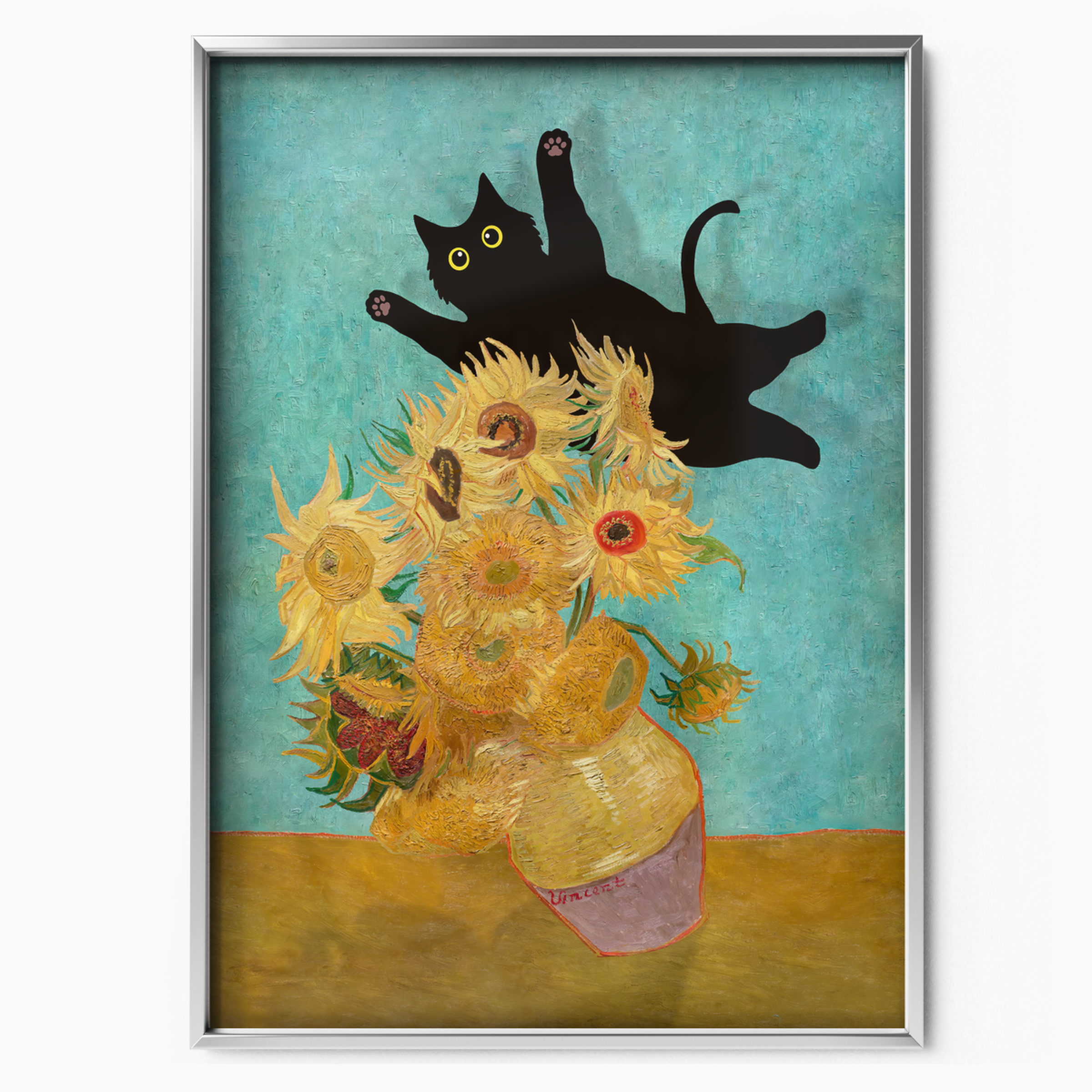 Cat Jump Van Gogh Sunflowers