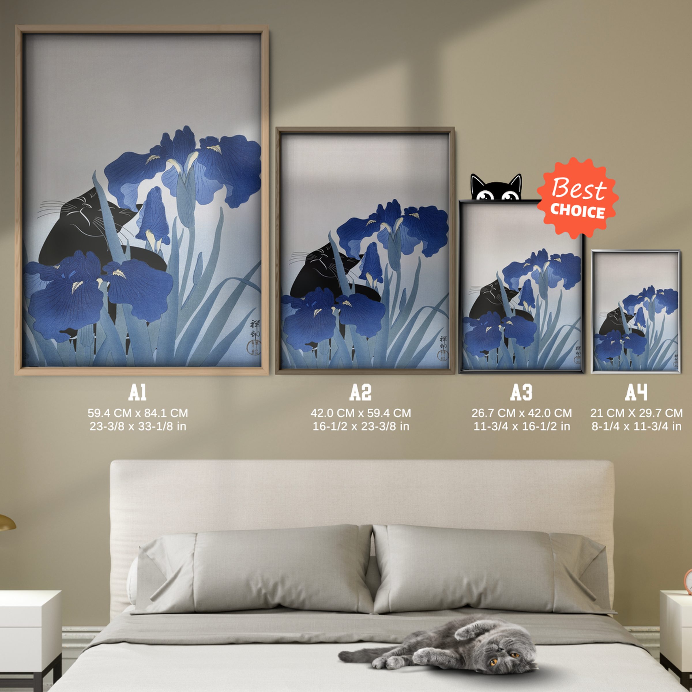 Cat And Irises Japenese Art