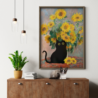 Black Cat With Van Gogh Sunflowers