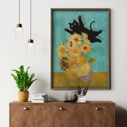 Cat Jump Van Gogh Sunflowers