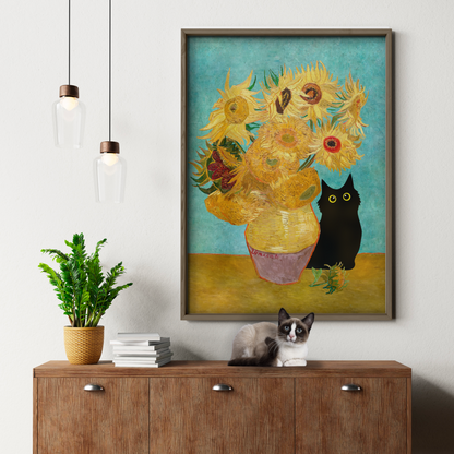 Curious Cat Van Gogh Sunflowers